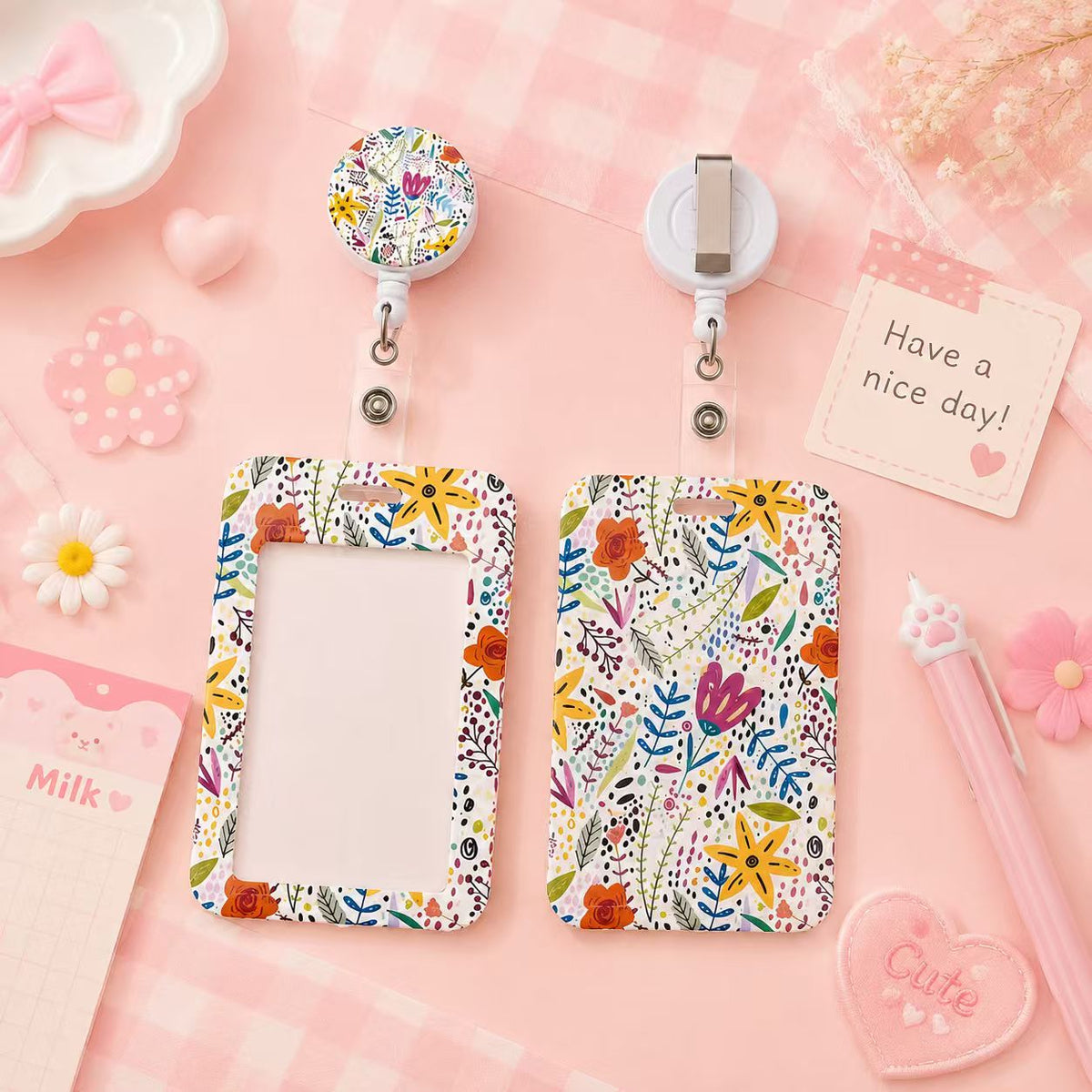 Floral retractable badge reel and ID badge holder set