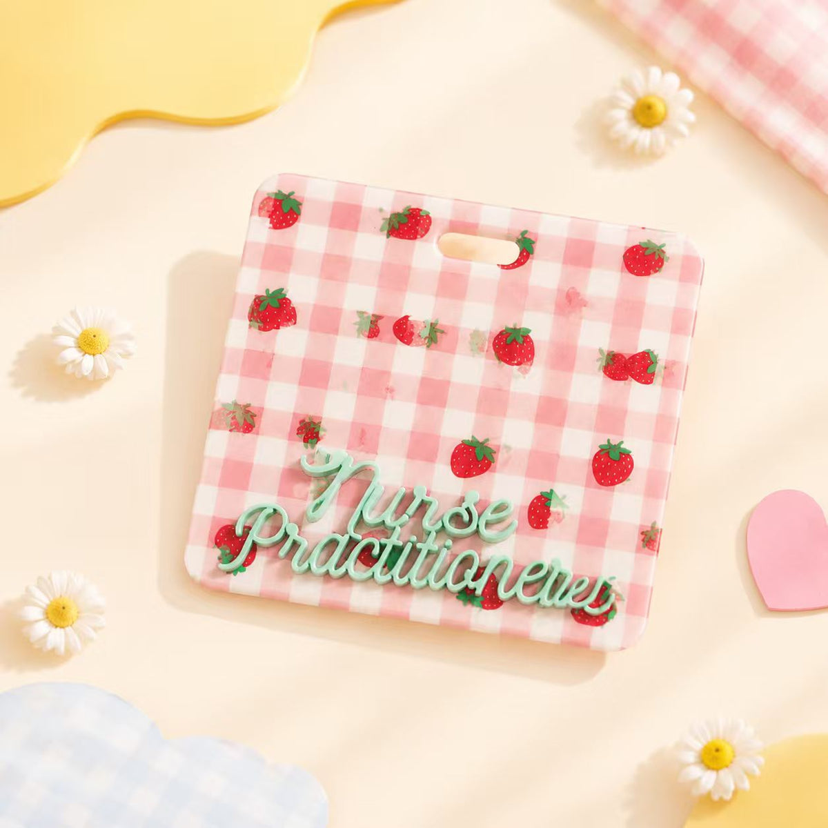 Pink strawberry nurse practitioner badge buddy