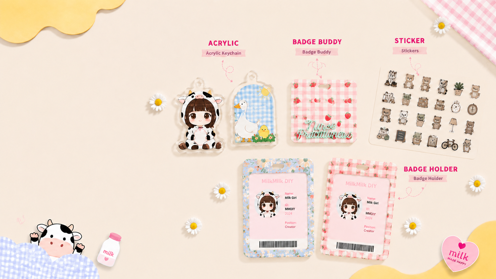MILKMILK DIY acrylics, badge buddies, stickers and badge holders arranged with daisies